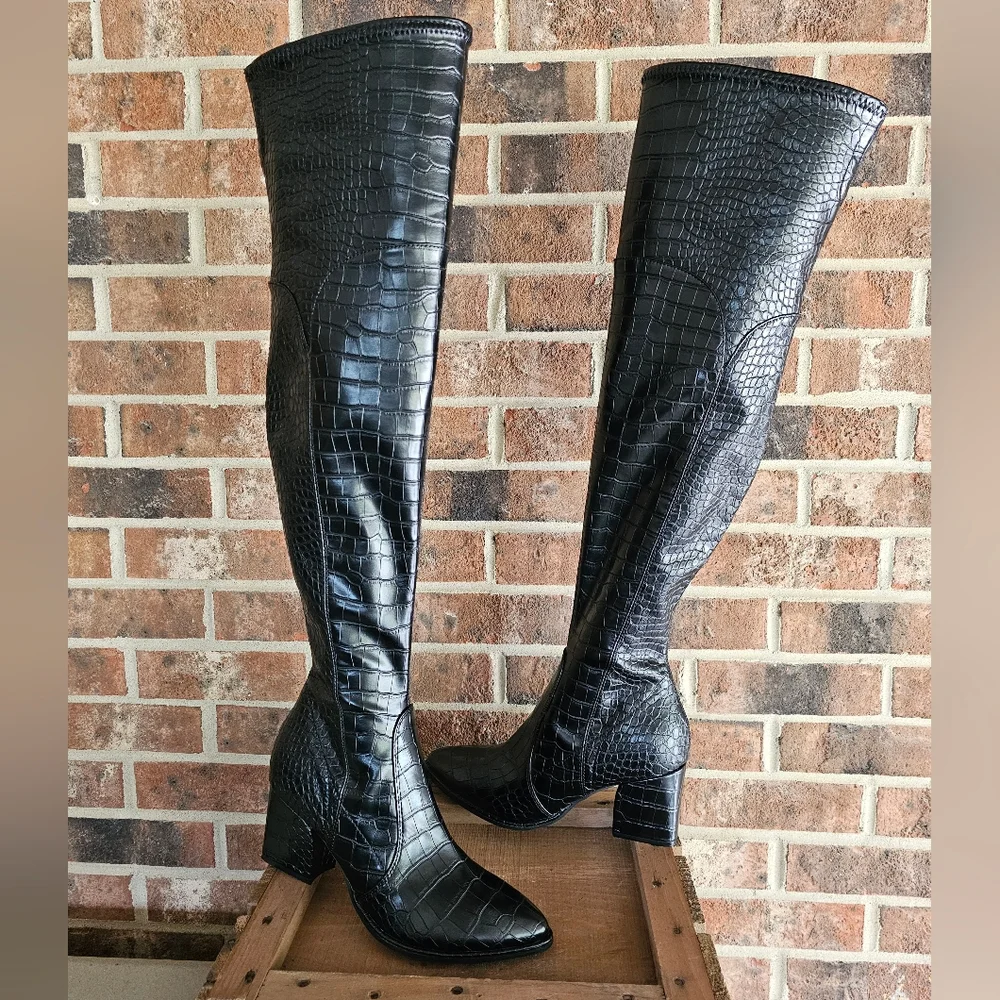 MARC FISHER Black Crocodile Over the Knee Tall Boots NEW Size 8 1/2 Medi…